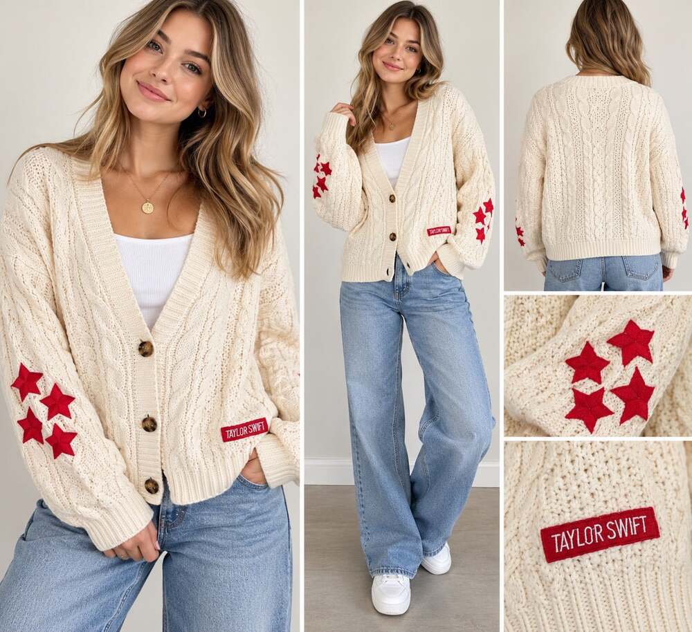 Taylor Swift Cream Cable Knit Cardigan Red Stars Embroidered Patch Size M/L